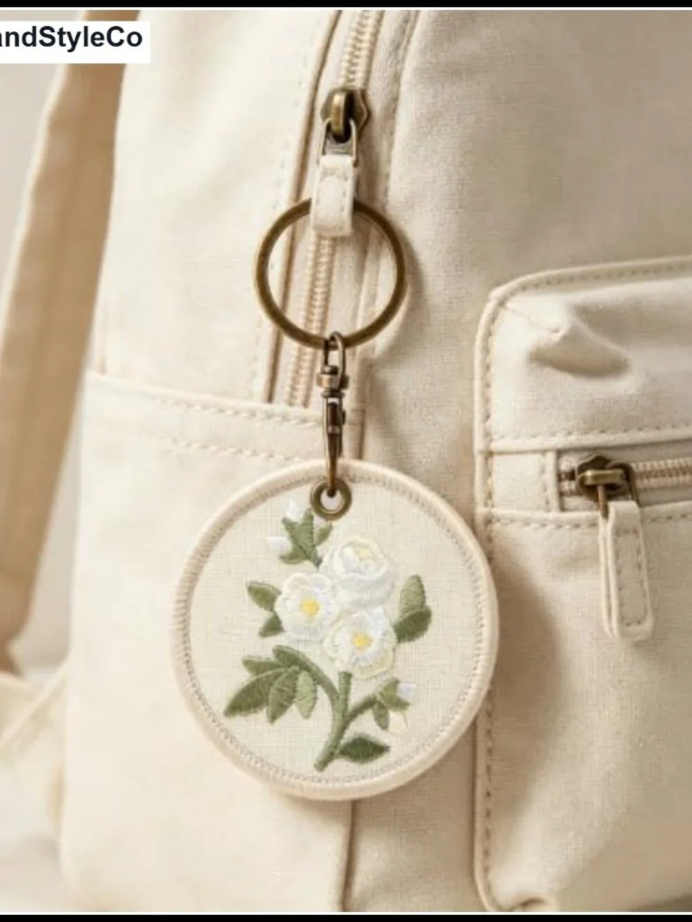 Embroidered Floral Keychain Round Linen Bag Charm